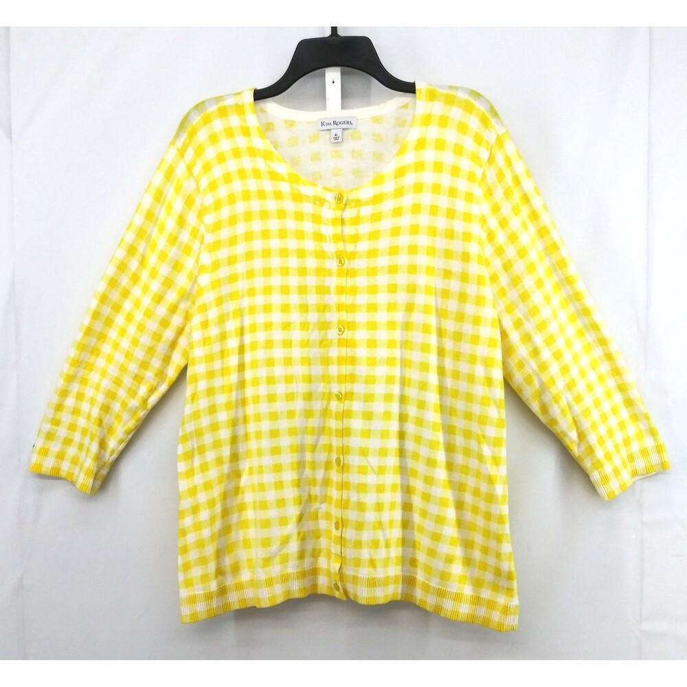 Kim Rogers Sweater Women Size XL Yellow Check 3/4 Sleeve Lightweight Cardigan